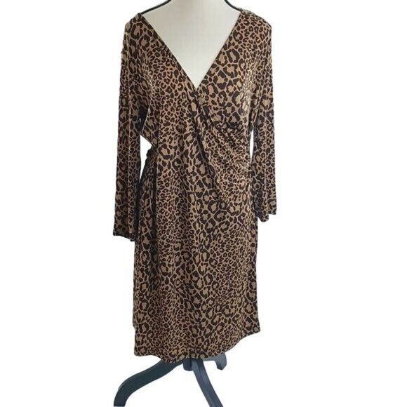 Jones New York Leopard Print Wrap Dress Womens Size L Long Sleeve V-Neck Classic - Picture 1 of 7